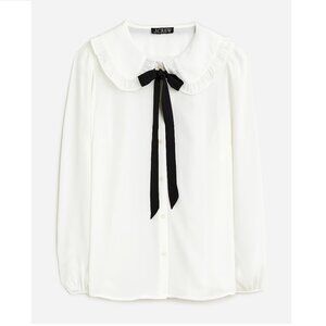 GUC J.Crew Drapey Ruffle Collar Button Shirt Blouse Ivory Black Bow Size 00